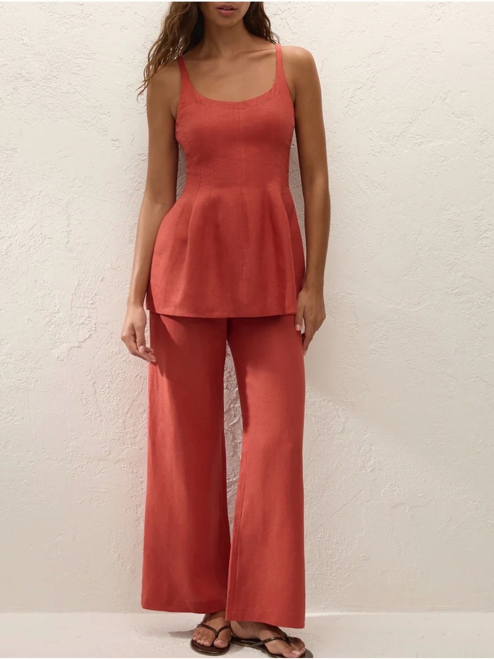 Faithfull the Brand Red Linen Jumpsuit-Style Top with Wide-Leg Trousers